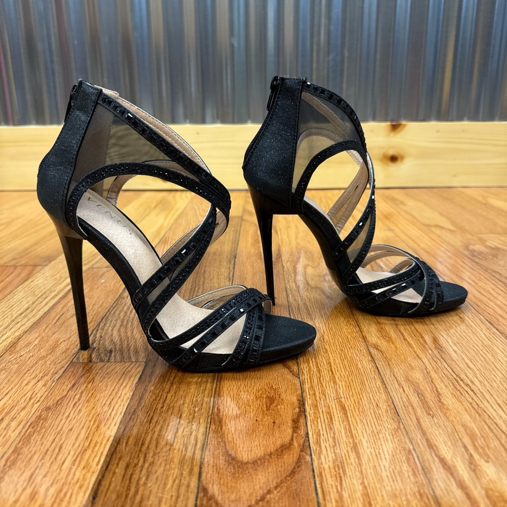Venus Elegant Sexy Black Rhinestone Glitter Strappy Stiletto Heels